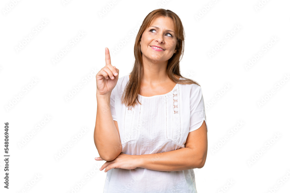 Middle-aged caucasian woman over isolated background pointing up a great idea Middle-aged caucasian woman over isolated background pointing up a great idea