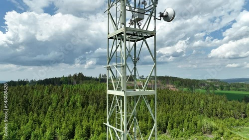 Meteorology station research science tower atmospheric drone aerial weather, measuring ozone O3, carbon methane CH4, carbon dioxide CO2, nitrogen oxygen 02, mountain spruce Rajec, bark beetle photo