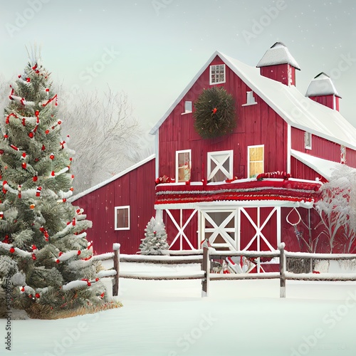 Christmas farmhouse - Christmas snow scene with farm house, tree and fence photo