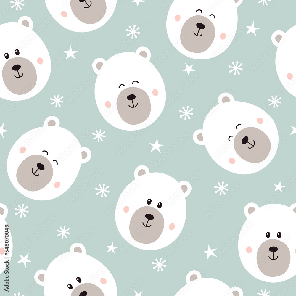 Seamless pattern with cute bear. Childish texture with polar bear. Vector illustration.