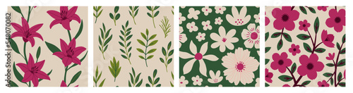 Aesthetic Contemporary printable seamless pattern with Spring botanical print design. Decorative chamomile, flowers and leaves. Pastel boho background in minimalist mid century style for fabric, 