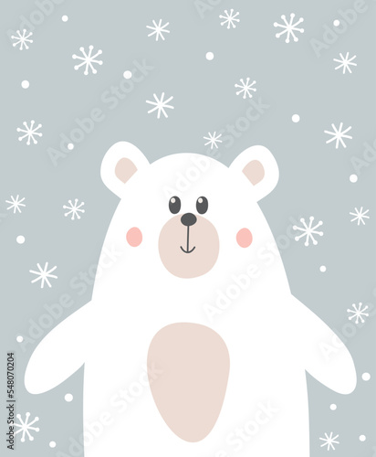 Winter background with cute polar bear. Vector illustration.