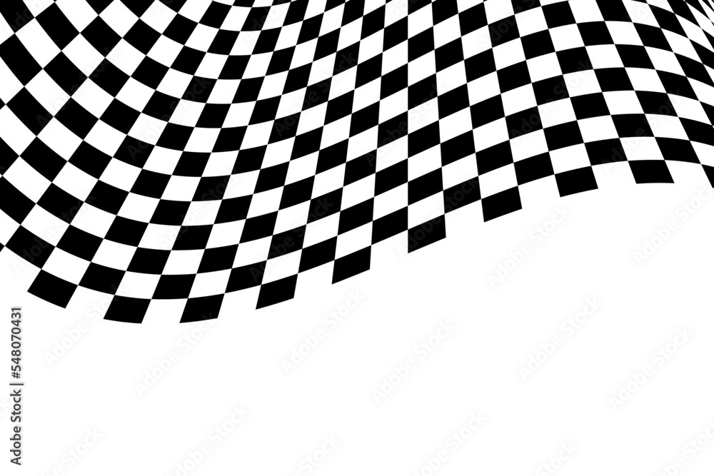 Waving race flag background. Motocross, rally, sport car competition wallpaper. Warped black and white squares pattern. Checkered winding texture. Distorted chessboard layout