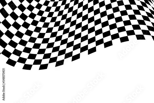 Waving race flag background. Motocross, rally, sport car competition wallpaper. Warped black and white squares pattern. Checkered winding texture. Distorted chessboard layout