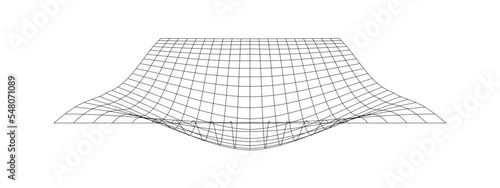 Grid with convex effec. Futuristic distorted net. Warped mesh texture. Geometric deformation. Gravity phenomenon. Bented lattice surface isolated on white background
