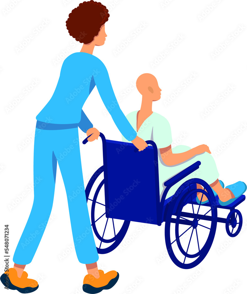 Nurse and cancer patient semi flat color raster characters. Full body people on white. Oncology nurse assistance simple cartoon style illustration for web graphic design and animation Nurse and cancer patient semi flat color raster characters. Full body people on white. Oncology nurse assistance simple cartoon style illustration for web graphic design and animation