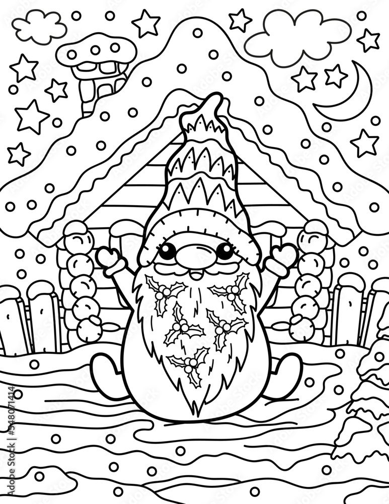 Gnome near the snowy Christmas house. Coloring book for children. Gnome coloring book. Black and white vector illustration.