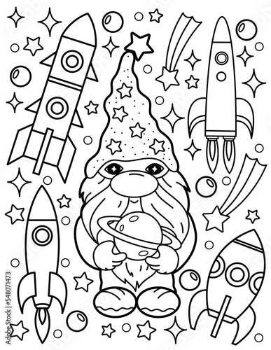 Gnome in space, rockets. Coloring book for children. Gnome coloring book. Black and white vector illustration.