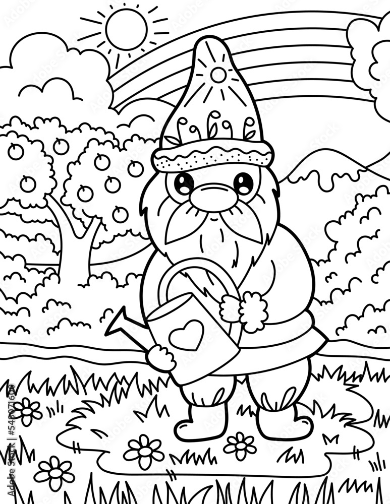 Gnome with a watering can in the garden. Coloring book for children. Gnome coloring book. Black and white vector illustration.