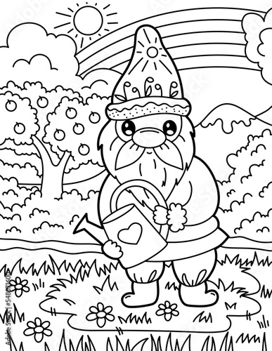 Gnome with a watering can in the garden. Coloring book for children. Gnome coloring book. Black and white vector illustration.