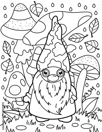 Cute gnome with mushrooms. Coloring book for children. Gnome coloring book. Black and white vector illustration.