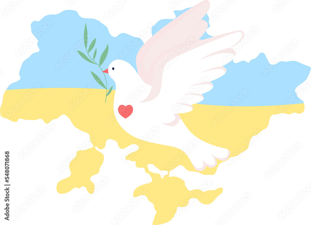 Naklejka premium Ukraine and peace dove 2D raster isolated illustration. Freedom for ukrainians flat character on cartoon background. Stand with Ukraine colourful scene for mobile, website, presentation