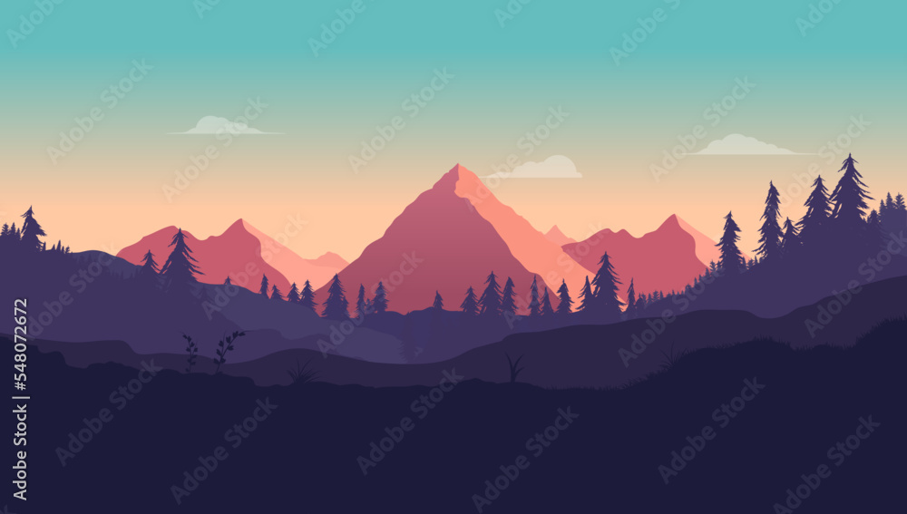 Naklejka premium Vector nature background - Landscape with mountain, forest and beautiful sky at sun down. Flat design illustration 