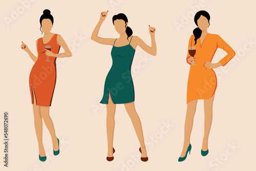 Flat vector illustration of dancing women. Dance party. Celebration. Hen party. Happy woman dancing for joy and drinking wine