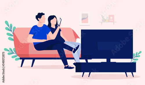 Couple watching TV - Man and woman sitting in sofa surfing on phone and looking at television. Flat design vector illustration