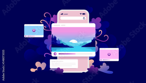 Video on mobile phone screen - Smartphone with movie windows and viral content elements popping out on dark decorative background. Semi flat colourful vector illustration