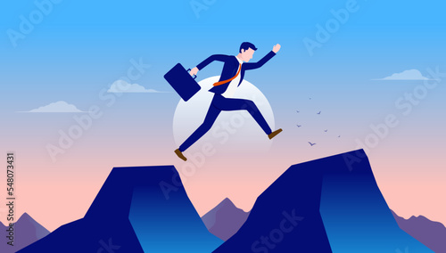 Business risk - Businessman jumping over cliff gap on mountaintop, taking chances and being full of courage. Conquering adversity concept, vector illustration