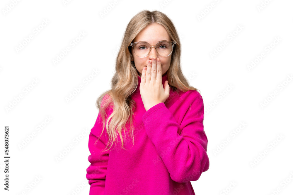 Young English woman over isolated background covering mouth with hand Young English woman over isolated background covering mouth with hand