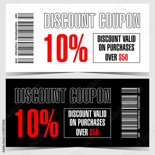 Discount coupon, gift voucher or certificate with 10 percent discount. Vector promotion discount flyer template or mockup with barcode and red reduction percentage on white or black background.