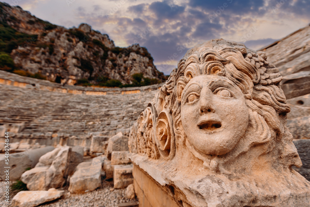 Ruins Myra Ancient City in Demre Antalya, Turkey. Old archaeology amphitheater sun light Ruins Myra Ancient City in Demre Antalya, Turkey. Old archaeology amphitheater sun light