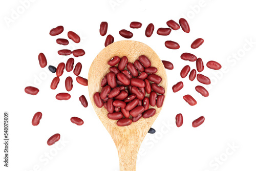 Raw red beans in a wooden spoon, transparent background. PNG. Healthy dried legumes photo