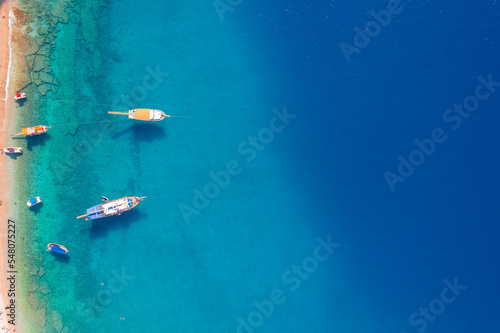 Aerial top view white yacht on beach of Oludeniz and blue lagoon Turkey Fethiye © Parilov