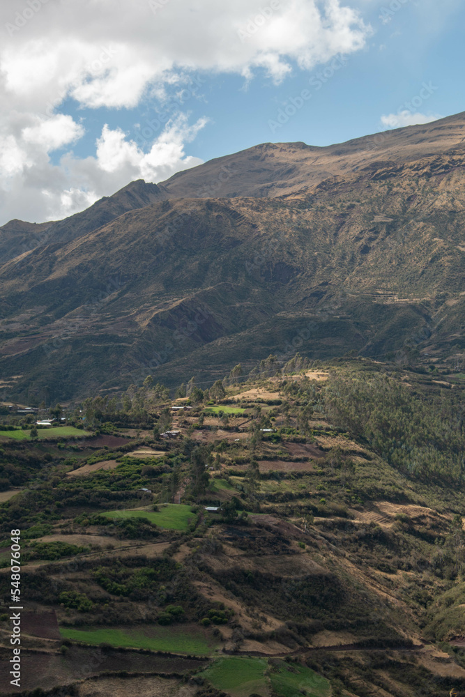 View of the mountains and hills of Limatambo with cultivation terraces, Peru. 
