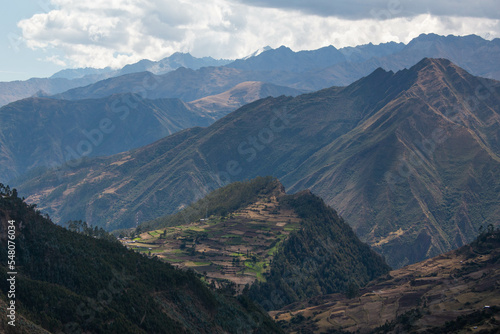 View of the mountains and hills of Limatambo with cultivation terraces, Peru. 