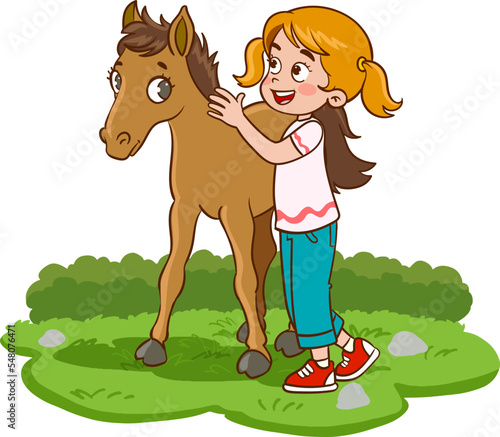 children and foal cartoon vector