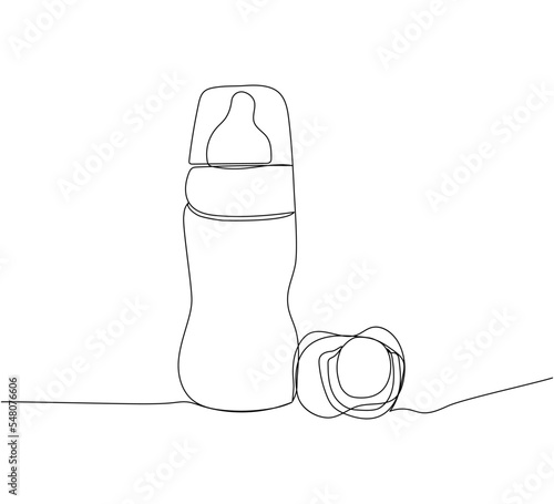 Baby bottle with pacifier one line art. Continuous line drawing of milk, feeding, baby, newborn, child, baby food, baby food, natural feeding, health.
