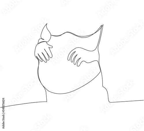 Pregnant belly close up one line art. Continuous line drawing of pregnancy, motherhood, preparation for childbirth, preparation for motherhood, skin care, relaxation.
