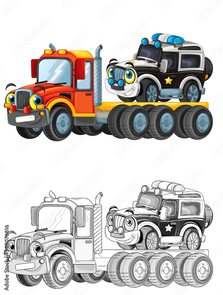 happy cartoon tow truck driver with other vehicle car happy cartoon tow truck driver with other vehicle car