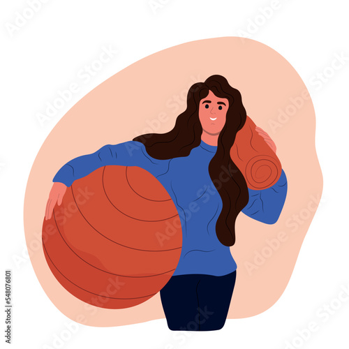 Sport equipment, gym accessory people. A young, smiling girl holds an aerobic ball and a mat in her hands. Vector illustration.