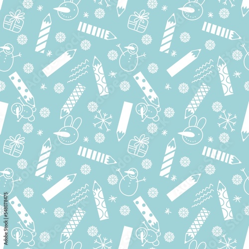Winter pencil seamless snowman snowflakes pattern for wrapping paper and fabrics and linens and kids 