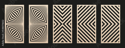 Laser cut patterns. Vector set with abstract geometric ornament, lines, stripes, chevron. Trendy geo textures. Decorative stencil for laser cutting of wood, metal, plastic, paper. Aspect ratio 1:2