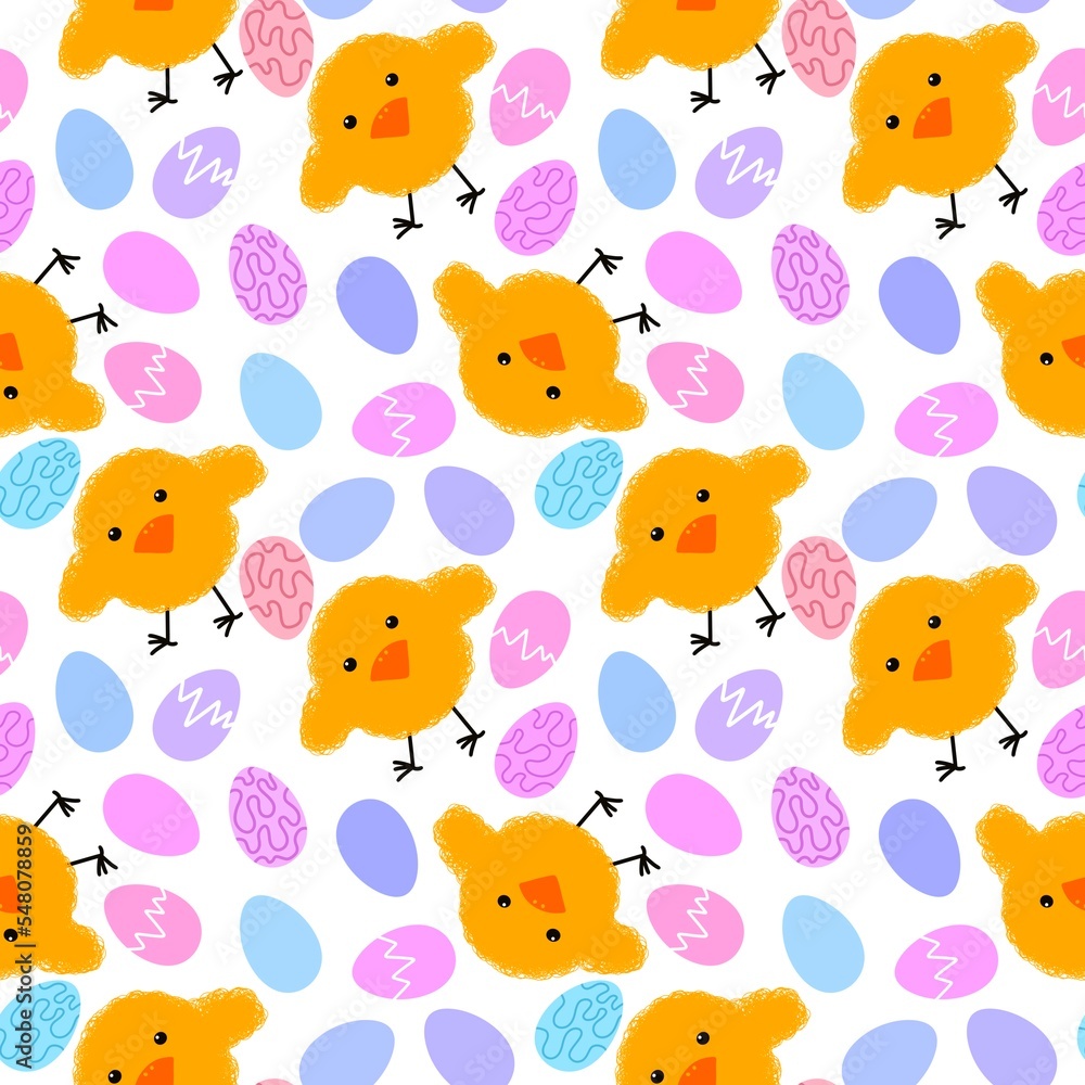Obraz premium Easter eggs seamless cartoon chicken pattern for wrapping paper and fabrics and linens and kindergarten accessories 