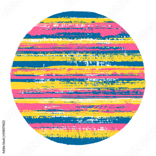 Modern circle vector geometric shape with striped texture of ink horizontal lines.