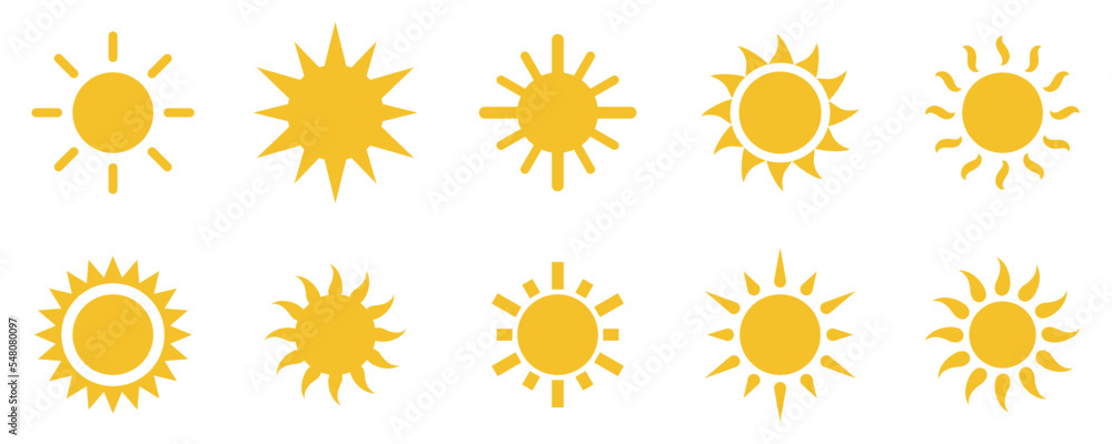 Conjunto de iconos de sol amarillo. Sol brillante, puesta de sol, rayos de sol. Ilustración vectorial Conjunto de iconos de sol amarillo. Sol brillante, puesta de sol, rayos de sol. Ilustración vectorial
