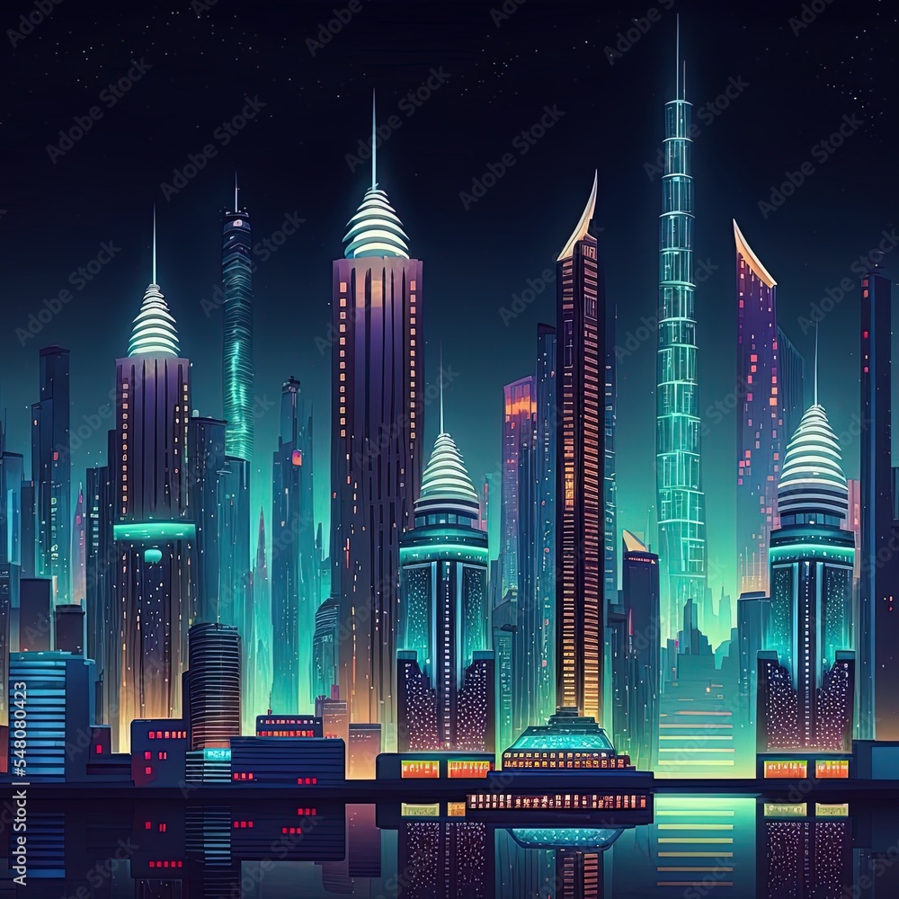 Amazing shot of the high modern skyscrapers of the city skyline at night