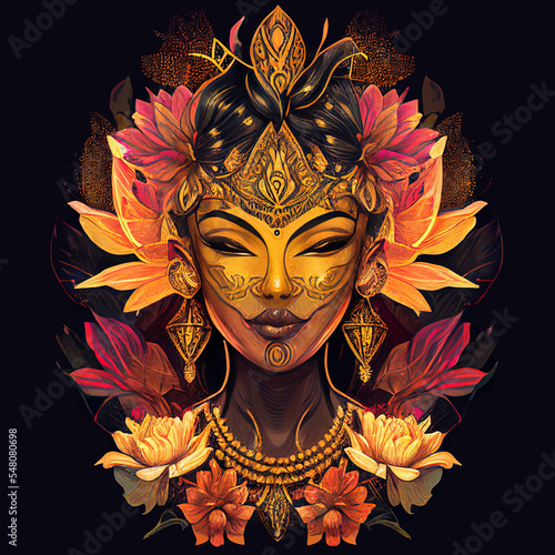 Beautiful Asian Woman Golden Lotus flower. Meditation. Digital art, AI