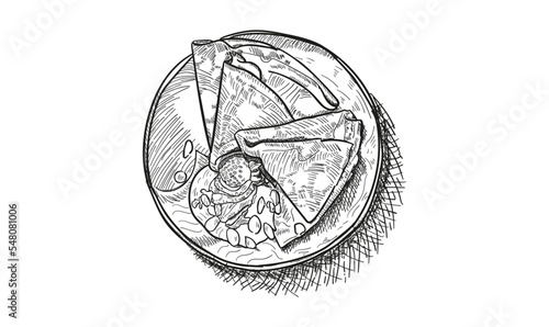 French crepes or Russian blinis with strawberries and syrup. Ink sketch set. Isolated on white background. Hand drawn vector illustration. Retro style.