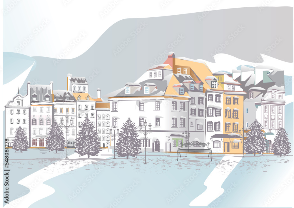 Series of colorful street views in the old city in winter. Hand drawn vector architectural background with historic buildings.