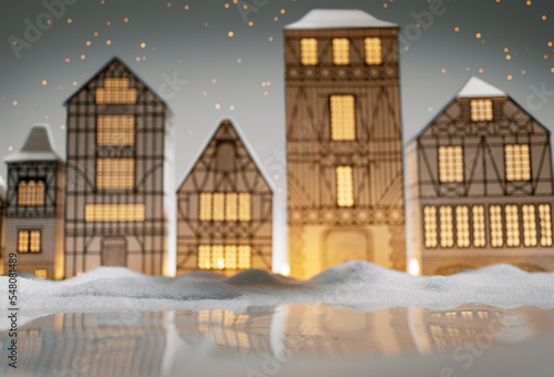 Blur lantern village with snow and frozen lake