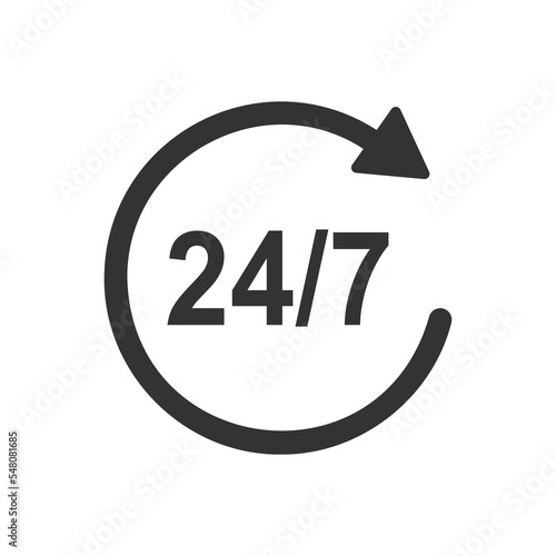 24 7 icon with numbers in rotating arrow. Round the clock customer support service sticker. 24 hours open store, gas station, delivery sign isolated on white background. Vector graphic illustration