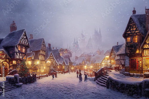 Christmas village with Snow in vintage style. Winter Village Landscape. Christmas Holidays. Christmas Card. 3d illustration	