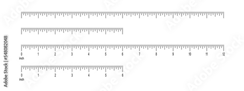 6 and 12 inch ruler scale with and without numbers. 1 foot measuring chart with markup. Distance, height or length measurement math or sewing tool. Vector graphic illustration