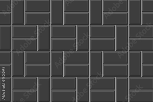 Black basketweave tile layout. Stone or ceramic brick wall mosaic background. Kitchen backsplash texture. Bathroom, shower or toilet floor decoration. Pavement texture. Vector flat illustration