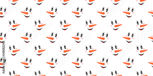 Funny smiling snowman faces background. Winter, Christmas or New Year scrapbooking or wrapping paper, fabric, napkin, tablecloth design. Vector flat illustration