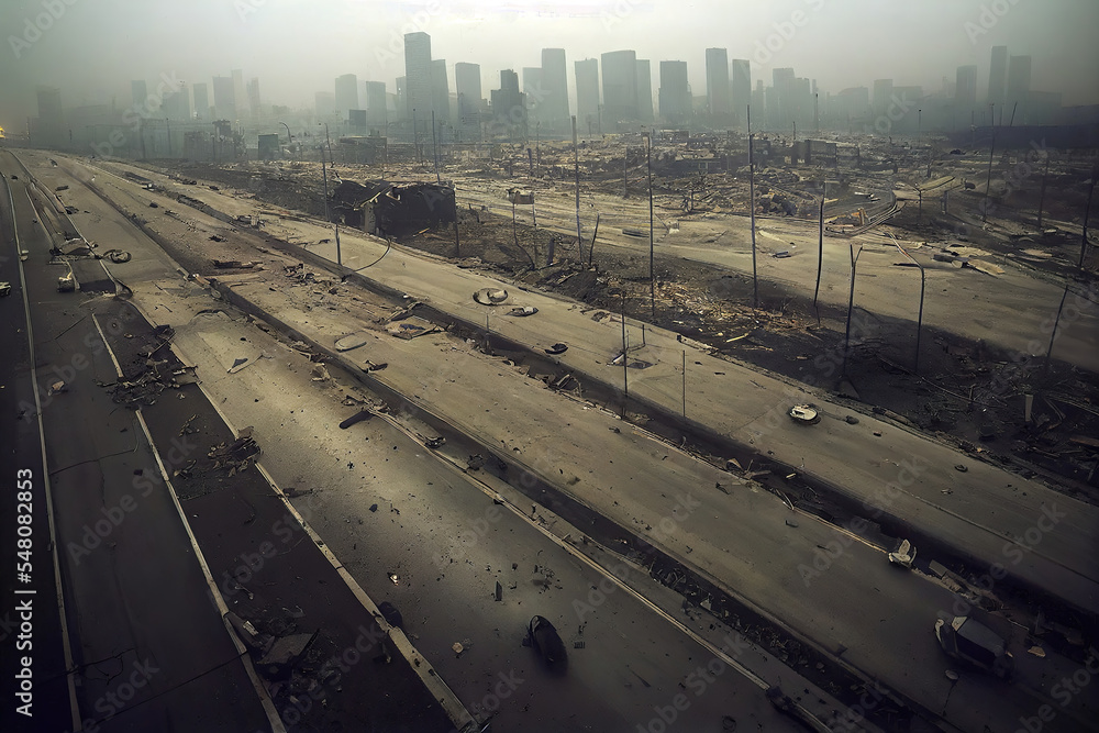 Fototapeta premium post-apocalyptic ruined city, dead wasteland. Destroyed buildings, destroyed roads, collapsed skyscrapers. apocalypse concept illustration as header wallpaper background