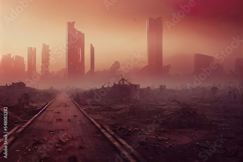post-apocalyptic ruined city, dead wasteland. Destroyed buildings, destroyed roads, collapsed skyscrapers. apocalypse concept illustration as header wallpaper background © Gbor